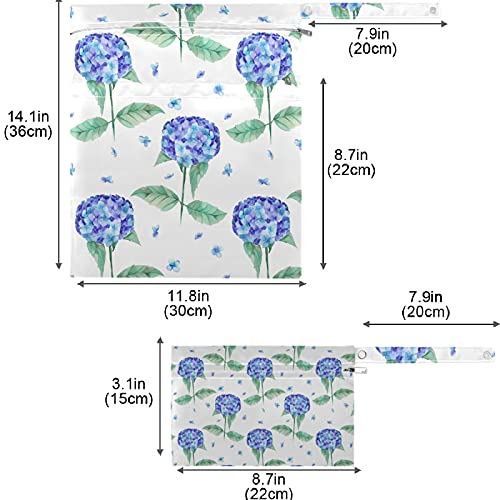 Visesunny Blue Flower Pattern2 2pcs bolsa molhada com bolsos com zíper Local lavável reutilizável para viajar, praia,