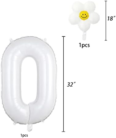 Número branco 0 Daisy Balloons Set, 0º aniversário Decorações de festa, 32 polegadas 0 Balões de margarida, balões de folha