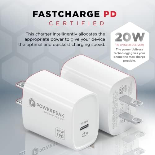 PowerPeak - carregador USB C, carregador Fast Type C, Adaptador de energia USB -C de 20W PD, adaptador de energia USB C Compact para