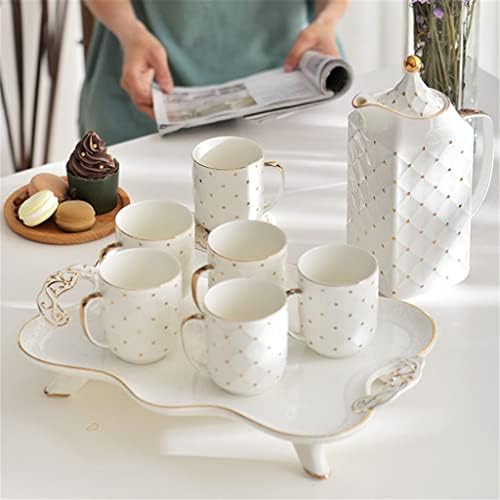 MJWDP 8 peças de chá de porcelana branca Conjunto de chá de porcelana com pontos de ouro bandeja de armazenamento de