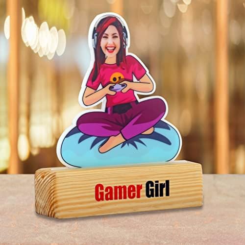 Quirkaboo Photo Photo Presente Gamer Girl Caricature Showpiece com suporte de madeira