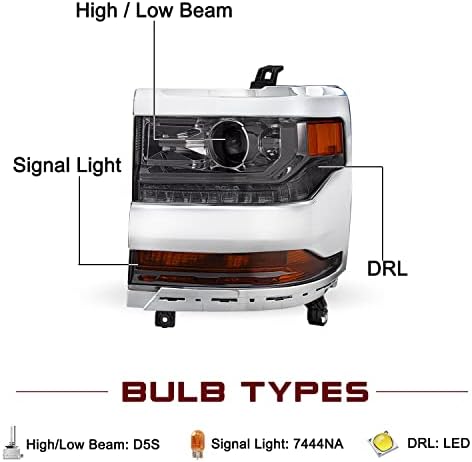 JSBYAT HID/XENON FARÇO SUBSTITUIÇÃO PARA 16 17 18 19 Chevy Silverado 1500 OE Style Factory Factory Passageiro e moradia de cromo do lado do motorista com refletor transparente