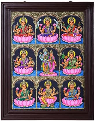 Índia Exótica Ashtalakshmi com Vishnu Lakshmi Tanjore Pintura | Cores tradicionais com ouro 24K | Teakwood Fram