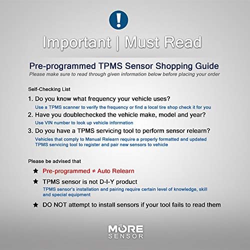 MoreSensor Compact Pro Série 315MHz TPMS Sensor de pressão dos pneus | Pré -programado para selecionar mais de 270 modelos de