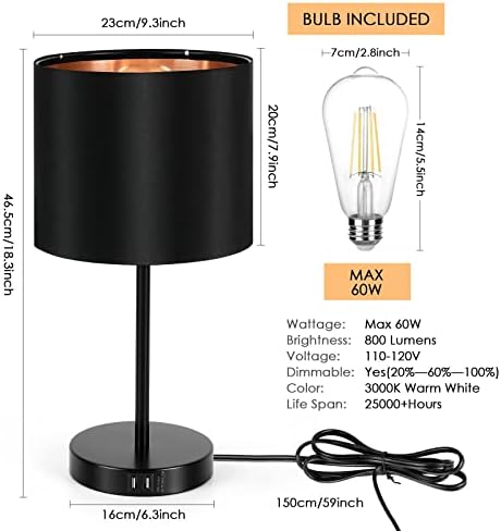 A.T.LUMS Lâmpada de mesa - Lâmpada de mesa de controle de toque, lâmpada preta preta diminuída de 3 vias com 2 portas USB,