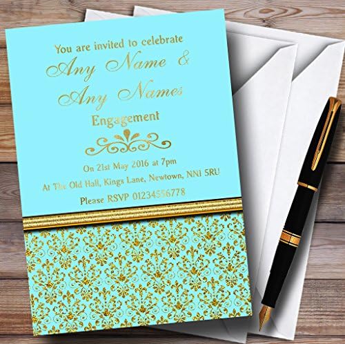 O card zoo aqua Sky Blue & Gold Vintage Damasco Convites de Partemas Personalizadas de Engajamento