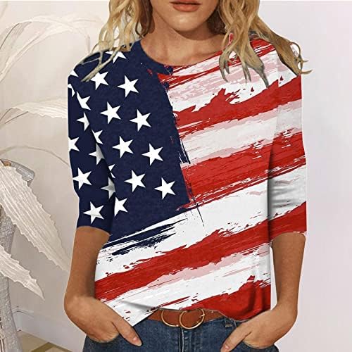 Camisas dos EUA para mulheres, mulheres verão 2022 Três quartas de manga Independence Day Princied O-Gerck Tops Blouse Blouse
