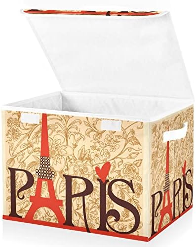 Innwgogo Paris Lettering Vintage Floral Storage Bins com tampas para organizar grandes caixas de armazenamento dobráveis