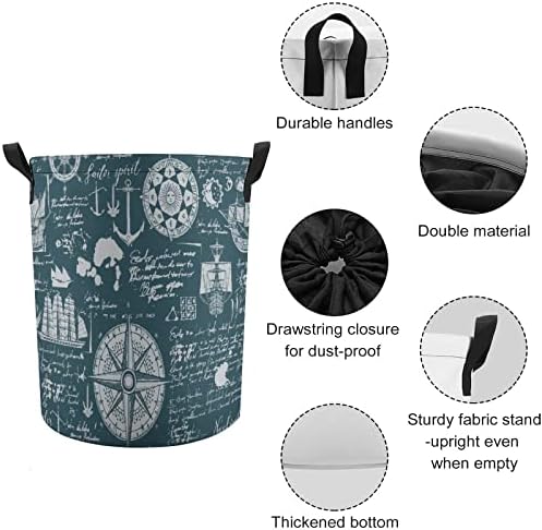 Símbolos náuticos vintage cesto de lavanderia com traço de tração de tração de lavanderia para cestas para viagens em casa