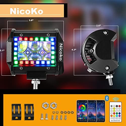 Nicoko RGB LED PODS 2 PCS 4 polegadas 18W 3600lm Multicolor Spot Chase Lights App & Remote Controlou mais de 200 modos FOG Luz luzes