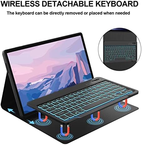 Samsung Galaxy Tab S8 Plus/S7 Fe/S7+ Caixa do teclado 12.4 , Backlit de 7 cores e suporte de caneta, teclado Bluetooth destacável com fólio protetor para tablet S7FE/S8 Plus/S7+, Black （Tab não incluído）