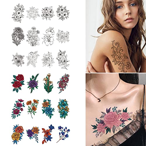 Yoosmatic 36 Folhas 3D Tattoos de flores Tatuagem temporária para mulheres Adultos coxa e multicoloridos estilo misto de estilo rosa realista Tatuagens de pescoço para meninas