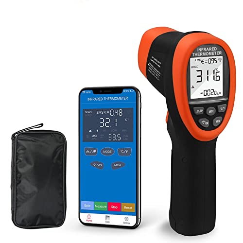 O termômetro infravermelho com Bluetooth AP-985C-App varia de -58 ℉ ~ 1472 ℉, 16: 1 laser medir pistola, registro de dados, emissividade ajustável para cozinhar forja