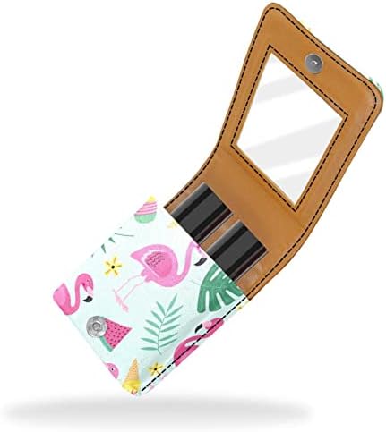 Caixa de batom com espelho para bolsa, porta de maquiagem cosmética de couro verde de verão Flamingo, armazenamento