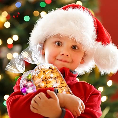 Melliex 100pcs Sacos de celofane de Natal, bolsas de tratamento de doces de biscoito de neve transparente com laços de torção para os favores da festa de presente de férias de Natal