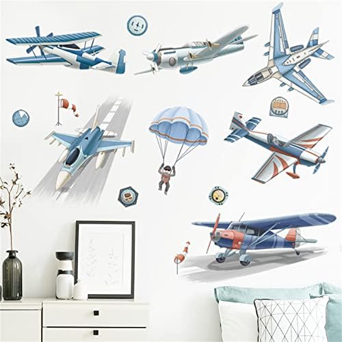Aviões vintage Atelezinhos de pára -quedas Atendimento de parede de aviador, aviões de aquarela removíveis Aviadores Aviador e adesivos de parede de bastão para garotos Berçário