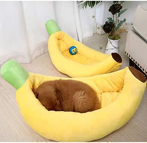Camas de cães em forma de banana amarela, ninho de almofada para dormir profunda, adequada para cães pequenos gatos e coelhos, camas de coelho calma lavável