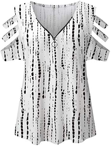 Keepfit Women Loose Zipper V Blusa do pescoço verão Top impressa de manga curta Túnis de túnica de túnica de túnica PLUS