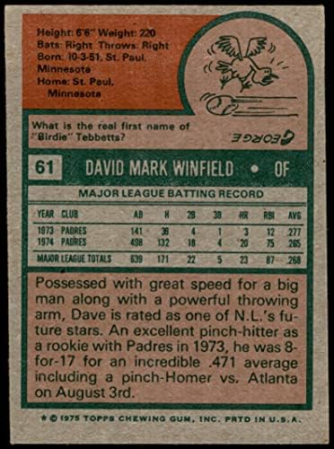 1975 Topps 61 Dave Winfield San Diego Padres VG Padres