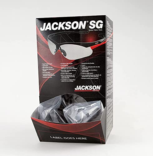 Jackson Safety 50001 Lightweight, Ultra-Frong e SG Segurança de óculos com templos de toque suave e peça de nariz flexível, revestimento anti-nebro, lente clara, quadro preto