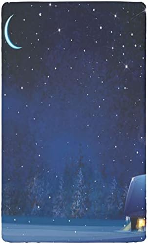 Night Sky temático ajustado Mini lençóis de berço, lençóis mini berços portáteis Criança de colchão macio para meninas para meninos, 24 “x38“, azul escuro e branco