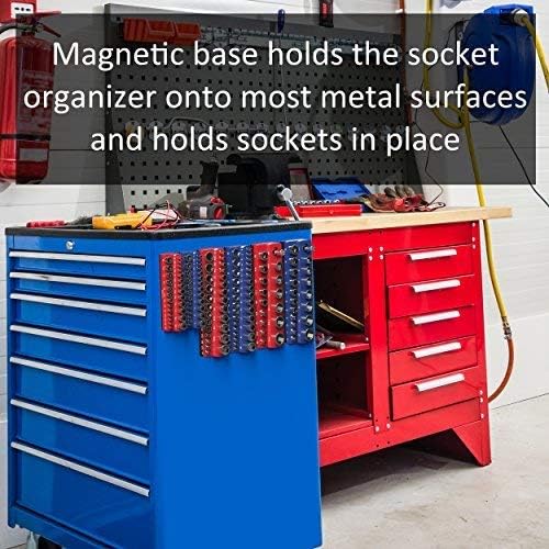 Organizador de soquete magnético | Unidade de 1/4 de polegada | SAE | Vermelho | Segura 26 soquetes | Organizador de ferramentas
