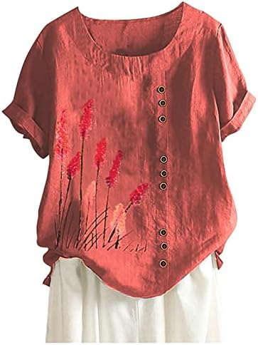 Tampa de tamanho grande para feminino Camiseta de linho de algodão Verão de manga curta Casual estampa floral túnica camiseta
