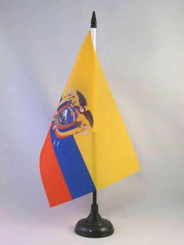 AZ Flag Equador Table Bandeira 5 '' x 8 '' - Bandeira da mesa equatoriana 21 x 14 cm - Beck de plástico preto e base
