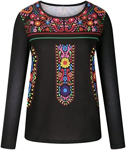 Tops estampados bordados mexicanos para mulheres tribais camisa camisa boêmia de manga longa blusa de túnicas casuais