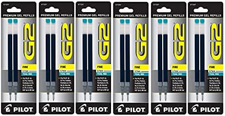 Pacote de valor de 6 - Reabastecimento de tinta de gel piloto G2 para caneta de bola rolante, ponto fino, azul -petróleo