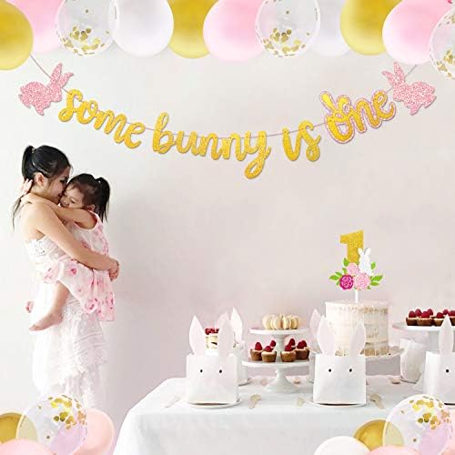 Kits de decoração de festas de primeiro aniversário, um coelho é um banner Spring Floral Bunny Ear Cake Topper Pink Gold