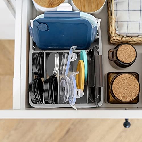 Juxyes Food Recipler Lid Organizer com divisores ajustáveis, organizador de tampa de plástico para armário de cozinha, organizador de tampa ajustável para tampas de plástico e armazenamento