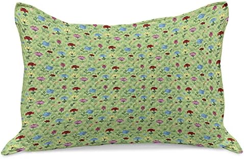 Ambesonne Meadow malha de colcha de travesseiros, buquês de flores no campo Fragrância rural Blossoms Cartoon, capa padrão de travesseiro de tamanho queen para quarto, 30 x 20, multicolor verde