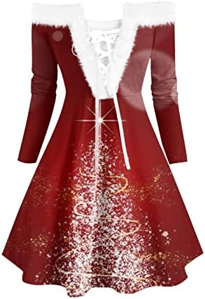 Vestidos de Natal femininos Casual Christmas Impressa Vintage Party Lace Up Dress for Women