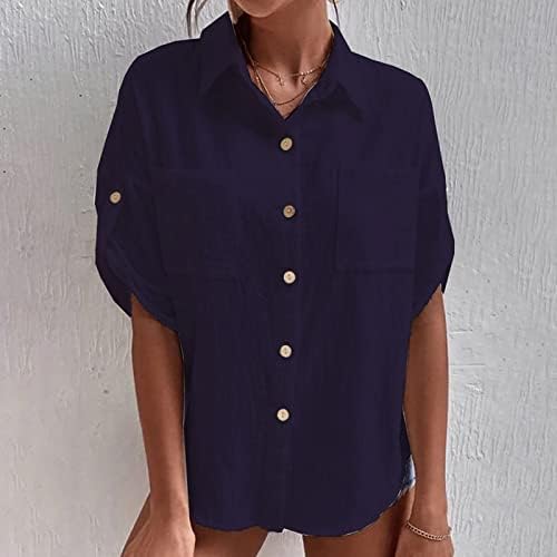 Summer Mulheres de botão de botão para baixo camisa lapela v roll-up linear de linho de algodão camisetas de ônibus