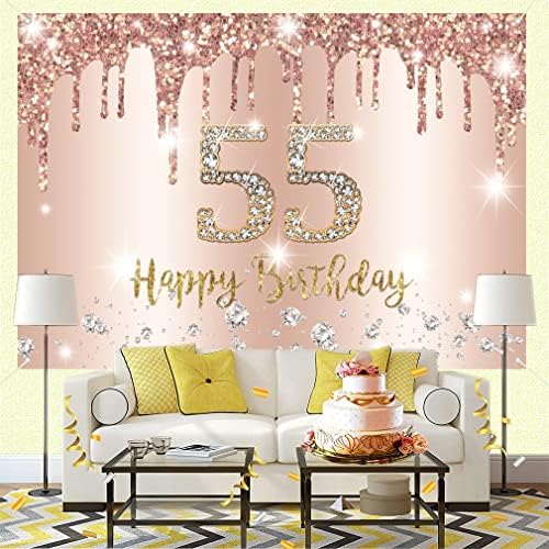 Feliz 55º aniversário Decorações de aniversário Banner para mulheres Feliz 55 anos de partido Poster Mulher 55º aniversário Rosegold
