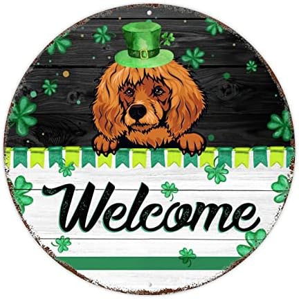 Irish Lucky Clovers Tin Sign Sinal de St. Patrick Welcome Dog Round Metal Tin Sign Green Lucky Clover