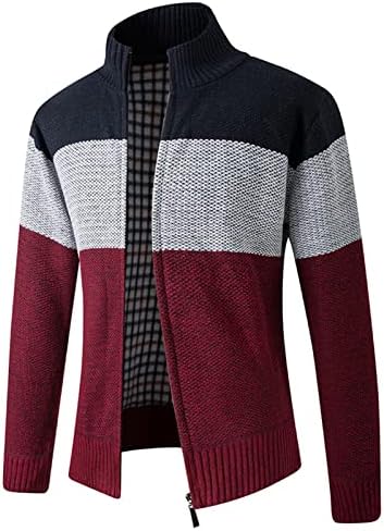 Suéter beuu cardigan para masculino, bloco de cor de inverno colorido de retalhos jaqueta de malha quente zíper casual slim fit jumper casat