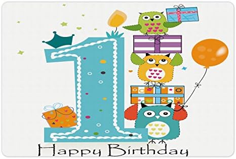 Ambesonne 1º aniversário de animal de estimação para comida e água, primeiro bolo com corujas de velas com estampa de tema de