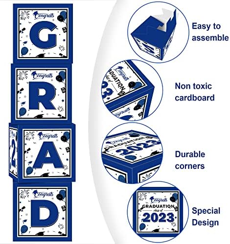 2023 Decorações de festa de formatura, 4pcs Navy Blue Graduation Balloon Caixas de papelão com letra de graduação 2023 para