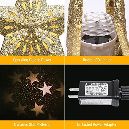 Brizled Christmas Tree Topper iluminada com projetor quente de estrela branca, 3D Glitter Hollow Gold Star Hollo