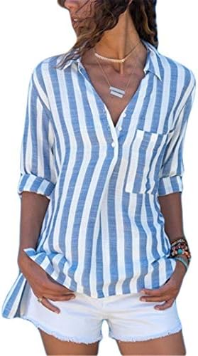 Andongnywell Women's V Neck Blouse de manga longa Cardigan Shirts Tops Stripe Chiffon Shirts Túnicos