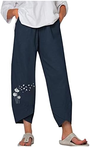 Calças casuais de perna reta de cintura alta para senhoras Summer Summer Fall Linen Dandelion Floral Graphic Pants Teen Girl 2023