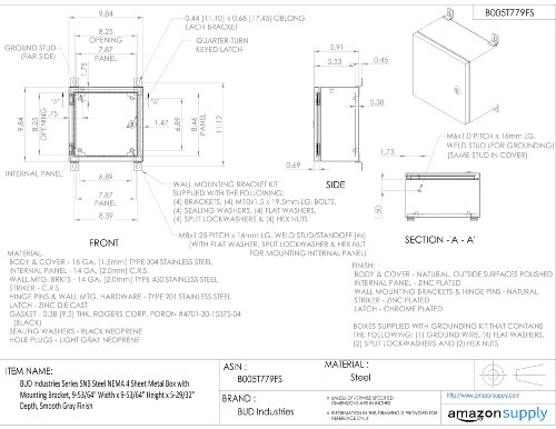 Bud Industries SNB-3740 Série SNB Aço NEMA 4 Caixa Metal Caixa 9,84 L x 9,84 W x 5,91 H, cinza