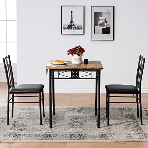 Sala de jantar Vecelo de 3 peças mesa de cozinha de madeira e cadeira de almofada PU para pequeno espaço, retro marrom