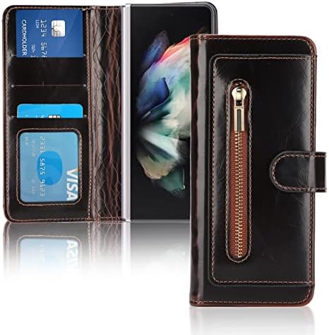Caixa da carteira Ashata para Samsung Z dobra 3 capa de telefone, capa de telefone com carteira magnética de couro com suporte de cartão, kickstand, capa de flip e zíper, estojo de carteira de celular, preto