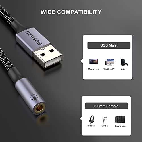 Moswag USB para Audio Jack Adaptador 0.65feet/20cm, adaptador de áudio de tomada de som externo com conversor estéreo auxiliar de