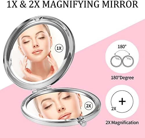 Espelho compacto dynippy redondo prata espelho cosmético dobrável espelho de bolso espelho portátil espelho de mão dupla curva 2 x 1x Mulher Madre
