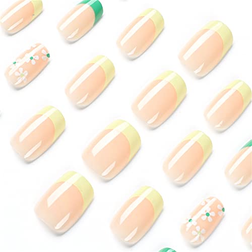 24pcs amarelo flores francesas verdes unhas falsas capa completa square prensado em unhas com cola para mulheres e meninas unhas