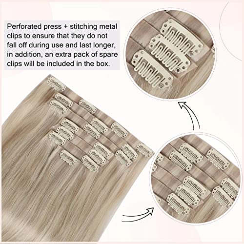 Moresoo Human Hair Extensions Bundle clipe sem costura em extensões de cabelo Remy grossas Ash Blonde 18+20 polegadas